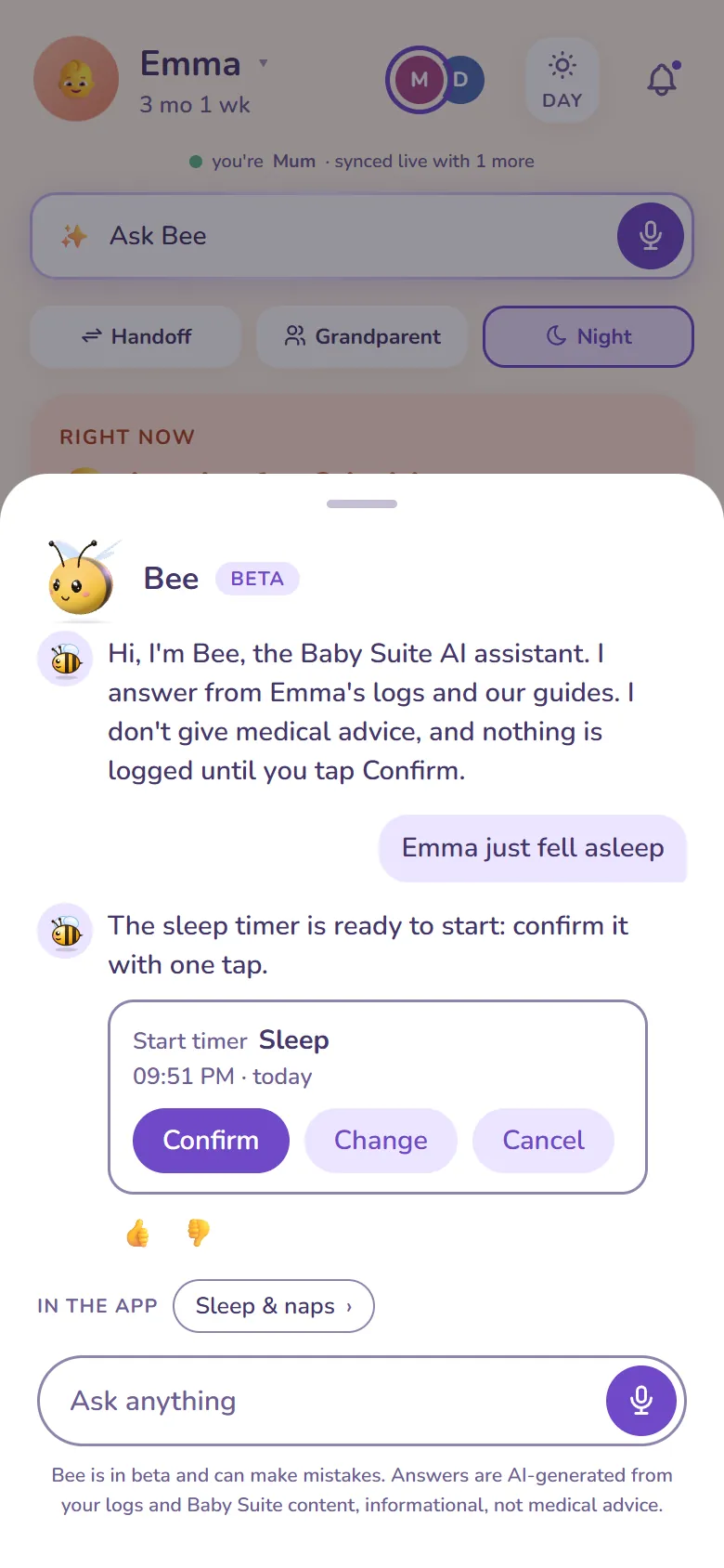 Bee in Baby Nest: a parent writes "Emma just fell asleep" and Bee offers a sleep timer card to confirm